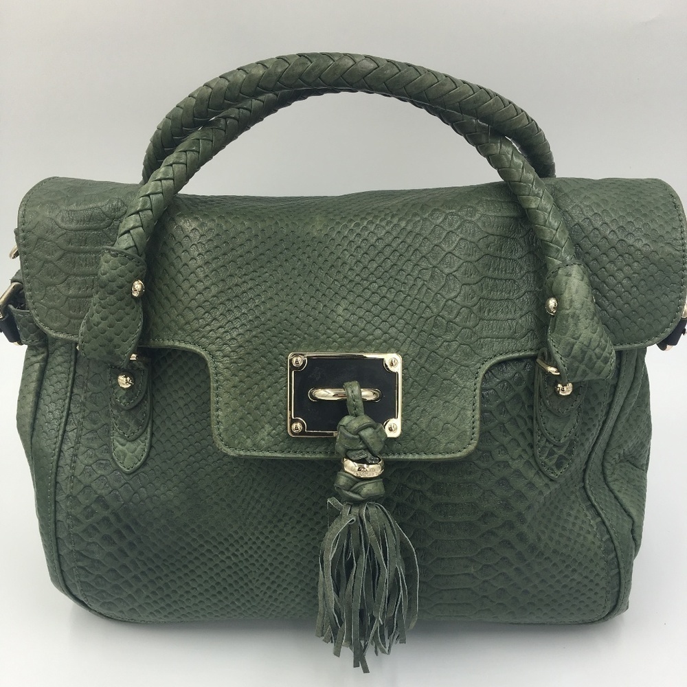 Elliott Lucca Green embossed snake print satchel